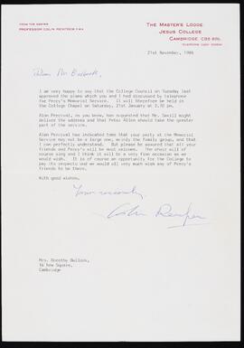 Letter from Colin Renfrew, Master of the College, to Dorothy Bullock
