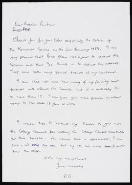 Letter from Dorothy Bullock to Colin Renfrew, Master of the College