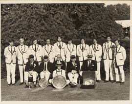Photograph of a Jesus College Crew with Trophies
