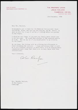 Letter from Colin Renfrew, Master of the College  to Dorothy Bullock
