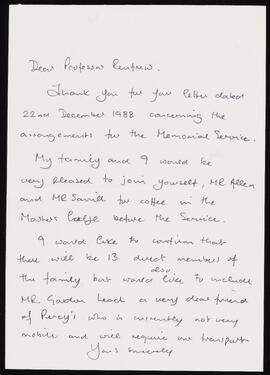 Letter from Dorothy Bullock to Colin Renfrew, Master of the College